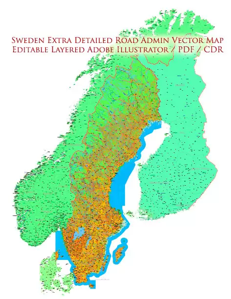 Sweden Map Vector Full Extra High Detailed 01 (all roads) + Relief + Admin Areas editable Adobe Illustrator in layers