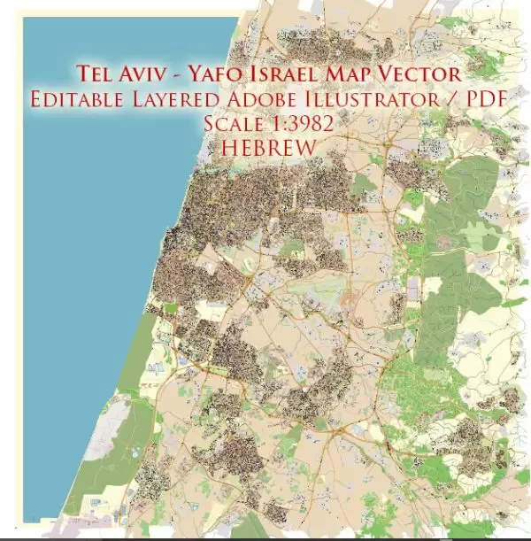 Tel Aviv-Yafo Israel Map Vector (Hebrew) Exact City Plan High Detailed Street Map editable Adobe Illustrator in layers