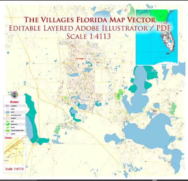 The Villages Florida US Map Vector Exact City Plan High Detailed Street Map editable Adobe Illustrator in layers