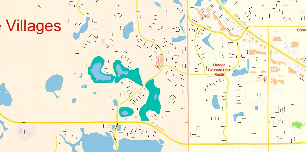 The Villages Florida US PDF Map Vector Exact City Plan High Detailed Street Map editable Adobe PDF in layers