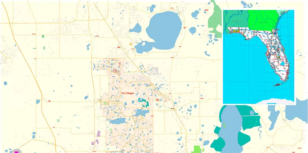 The Villages Florida US PDF Map Vector Exact City Plan High Detailed Street Map editable Adobe PDF in layers