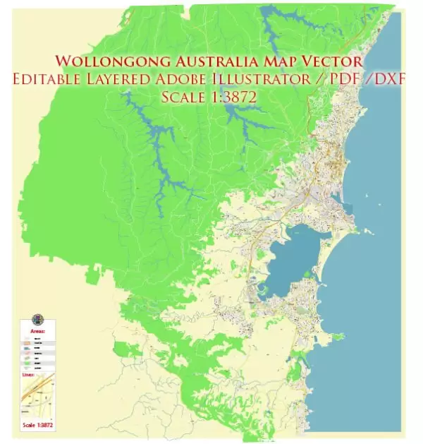 Wollongong Australia Map Vector Exact City Plan High Detailed Street Map editable Adobe Illustrator in layers