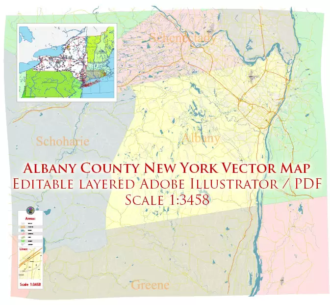 Albany County New York US PDF Vector Map Exact State Plan High Detailed Road Map + admin + Zipcodes editable Adobe PDF in layers