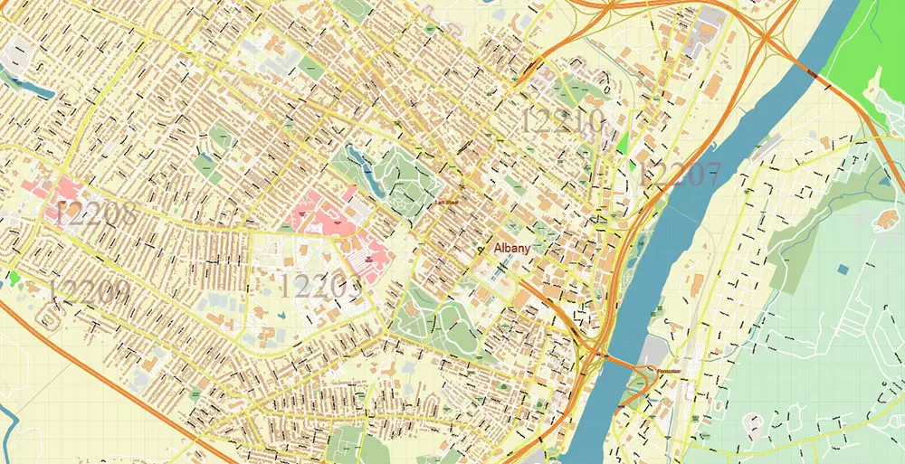 Albany County New York US PDF Vector Map Exact State Plan High Detailed Road Map + admin + Zipcodes editable Adobe PDF in layers