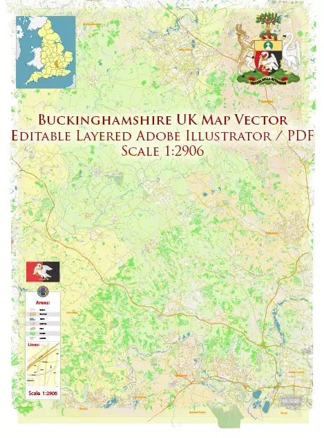 Buckinghamshire UK Map Vector Exact County Plan High Detailed Street Map + Admin editable Adobe Illustrator in layers