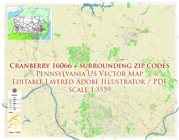 Cranberry 16066 plus surrounding zip codes Pennsylvania US Map Vector Exact City Plan High Detailed Street Map editable Adobe Illustrator in layers