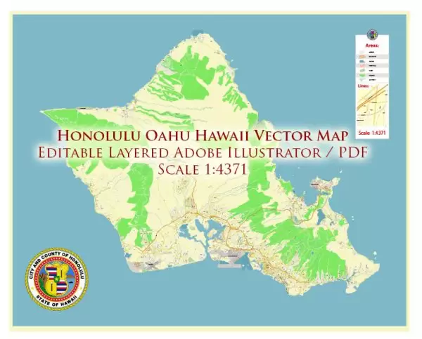 Honolulu Oahu Hawaii US Map Vector Exact City Plan High Detailed Street Map editable Adobe Illustrator in layers