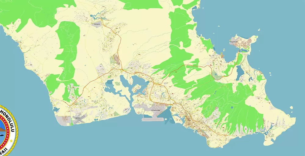 Honolulu Oahu Hawaii US Map Vector Exact City Plan High Detailed Street Map editable Adobe Illustrator in layers