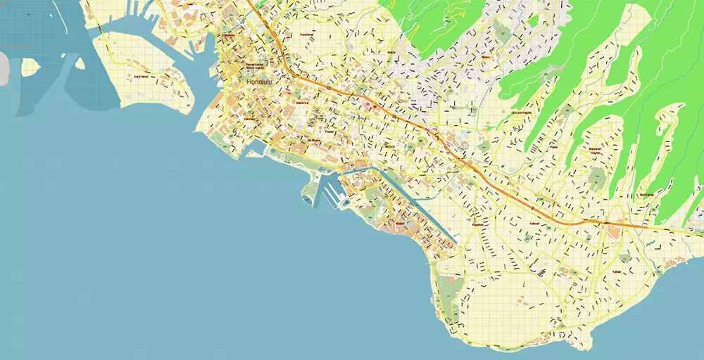 Honolulu Oahu Hawaii US Map Vector Exact City Plan High Detailed Street Map editable Adobe Illustrator in layers