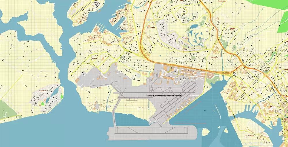 Honolulu Oahu Hawaii US Map Vector Exact City Plan High Detailed Street Map editable Adobe Illustrator in layers