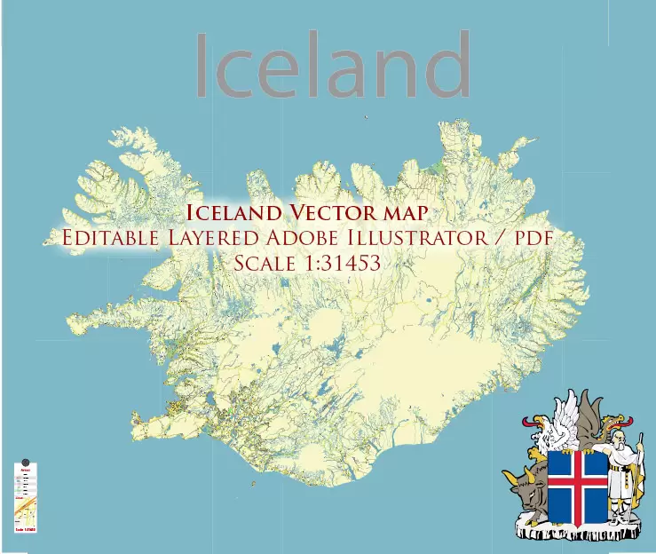 Iceland full country PDF Vector Map Accurate Road Plan High Detailed Street Map editable Adobe PDF in layers