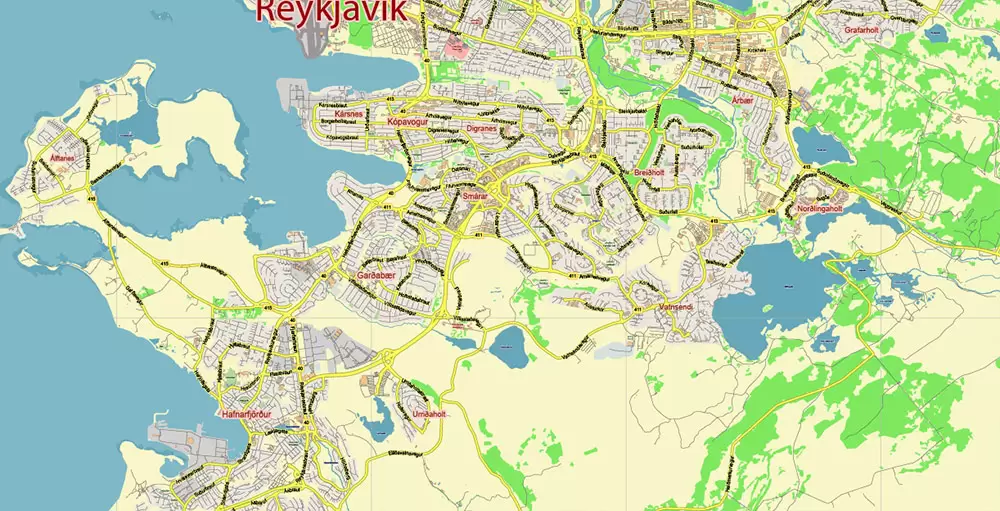 Iceland full country PDF Vector Map Accurate Road Plan High Detailed Street Map editable Adobe PDF in layers