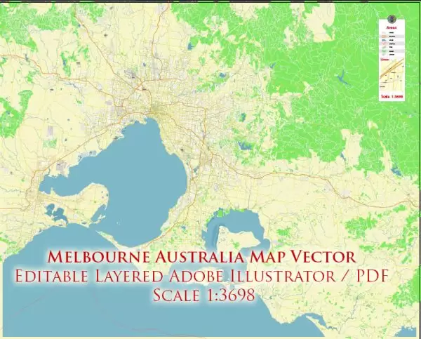 Melbourne Australia Grande area Map Vector Exact City Plan High Detailed Street Map editable Adobe Illustrator in layers