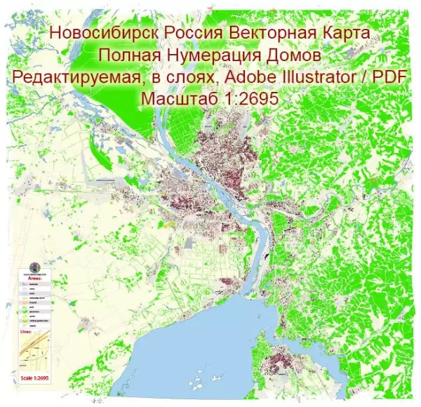 Новосибирск Россия Векторная Карта Подробная, полная нумерация домов в слоях Adobe Illustrator