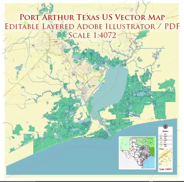 Port Arthur Texas US Map Vector Exact City Plan High Detailed Street Map editable Adobe Illustrator in layers