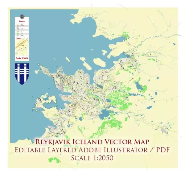 Reykjavik Iceland Map Vector Accurate High Detailed City Plan editable Adobe Illustrator Street Map in layers