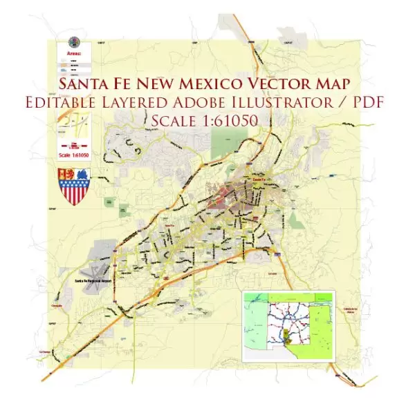 Santa Fe New Mexico US Map Vector Exact City Plan LOW Detailed (for small print size) Street Map editable Adobe Illustrator in layers