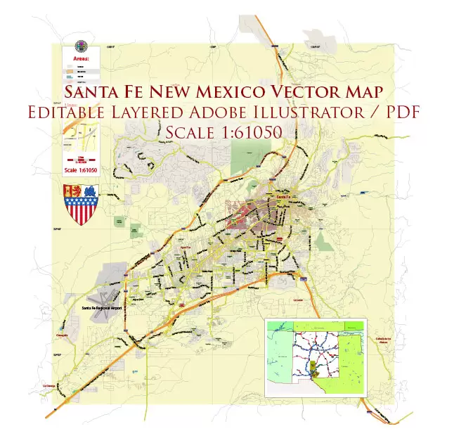 Santa Fe New Mexico US PDF Vector Map Exact City Plan LOW Detailed (for small print size) Street Map editable Adobe PDF in layers