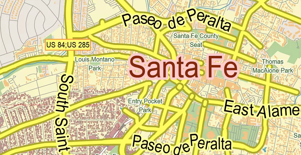 Santa Fe New Mexico US PDF Vector Map Exact City Plan LOW Detailed (for small print size) Street Map editable Adobe PDF in layers