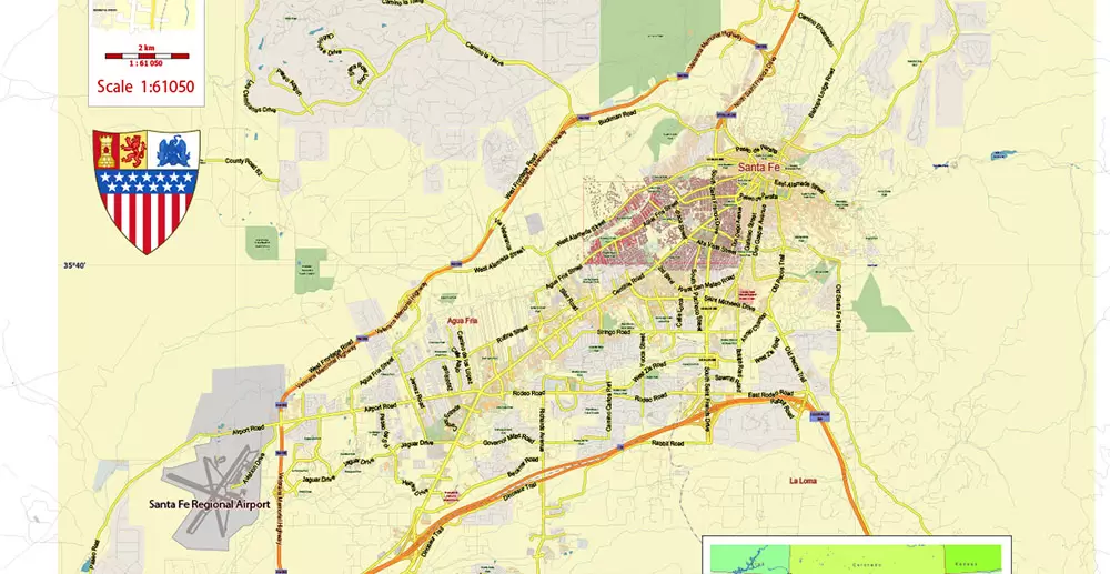 Santa Fe New Mexico US PDF Vector Map Exact City Plan LOW Detailed (for small print size) Street Map editable Adobe PDF in layers
