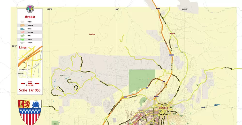 Santa Fe New Mexico US PDF Vector Map Exact City Plan LOW Detailed (for small print size) Street Map editable Adobe PDF in layers