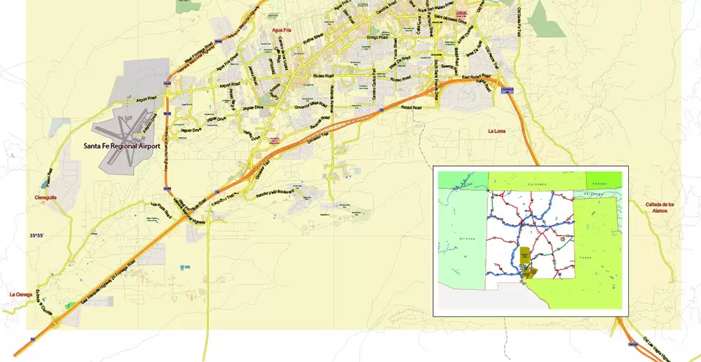 Santa Fe New Mexico US PDF Vector Map Exact City Plan LOW Detailed (for small print size) Street Map editable Adobe PDF in layers