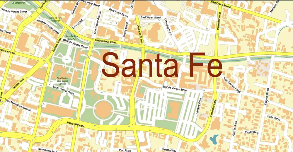 Santa Fe New Mexico US PDF Vector Map Exact City Plan High Detailed Street Map editable Adobe PDF in layers