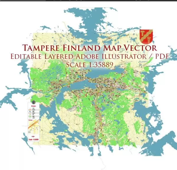 Tampere Finland Map Vector Exact City Plan LOW Detailed (for small print size) Street Map editable Adobe Illustrator in layers