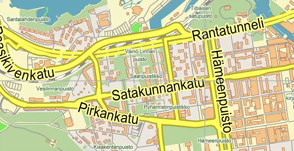 Tampere Finland PDF Vector Map Exact City Plan LOW Detailed (for small print size) Street Map editable Adobe PDF in layers