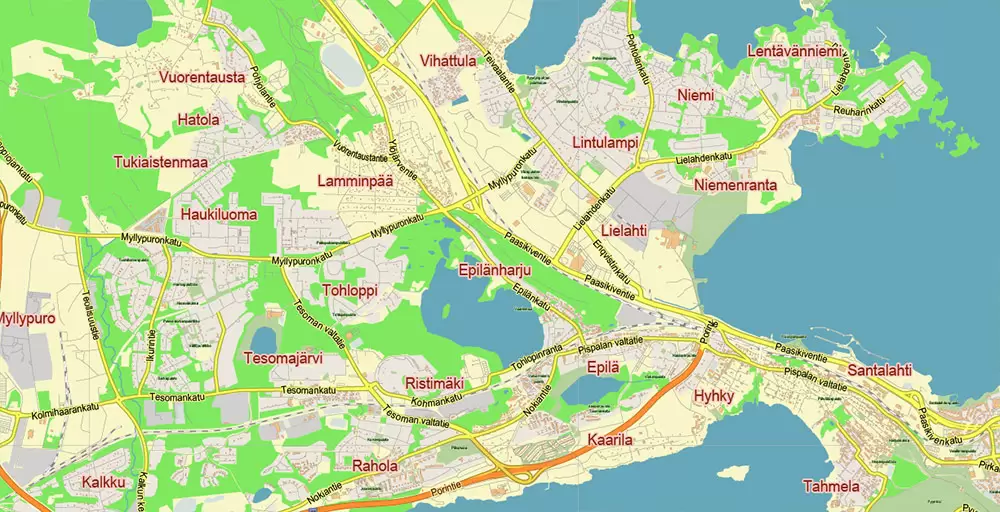 Tampere Finland PDF Vector Map Exact City Plan LOW Detailed (for small print size) Street Map editable Adobe PDF in layers