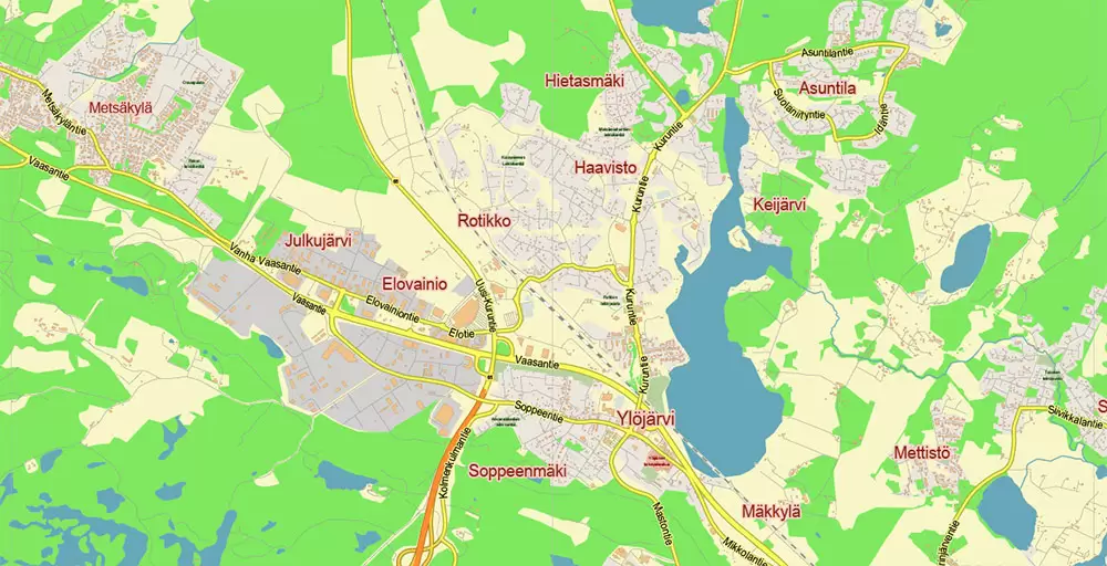 Tampere Finland PDF Vector Map Exact City Plan LOW Detailed (for small print size) Street Map editable Adobe PDF in layers