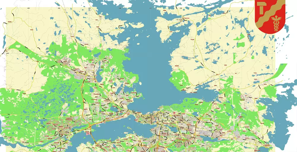 Tampere Finland PDF Vector Map Exact City Plan LOW Detailed (for small print size) Street Map editable Adobe PDF in layers