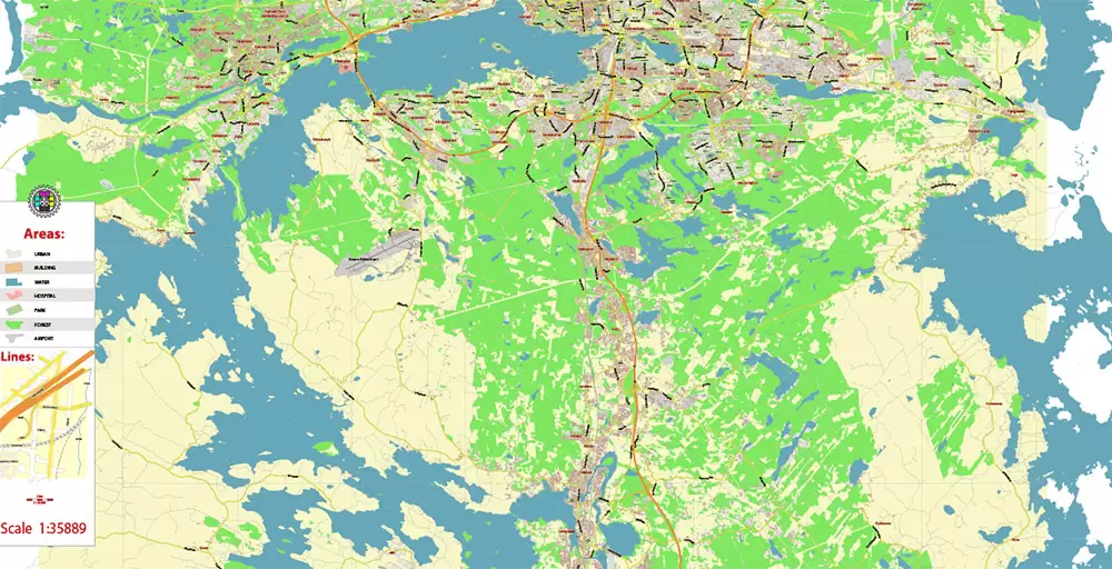 Tampere Finland PDF Vector Map Exact City Plan LOW Detailed (for small print size) Street Map editable Adobe PDF in layers