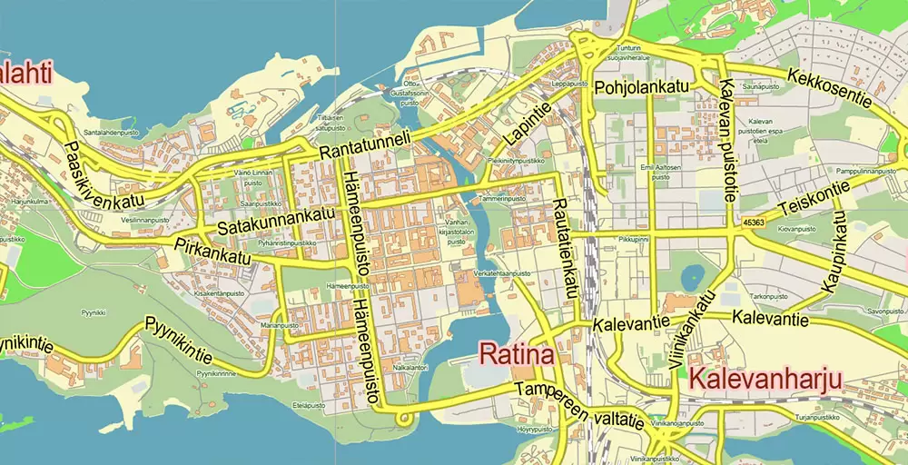 Tampere Finland PDF Vector Map Exact City Plan LOW Detailed (for small print size) Street Map editable Adobe PDF in layers