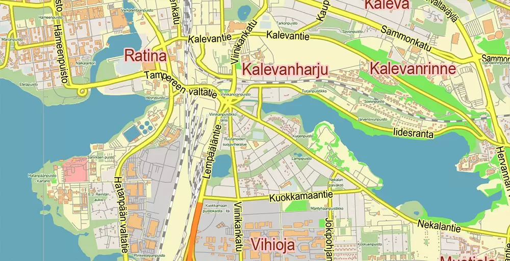 Tampere Finland PDF Vector Map Exact City Plan LOW Detailed (for small print size) Street Map editable Adobe PDF in layers
