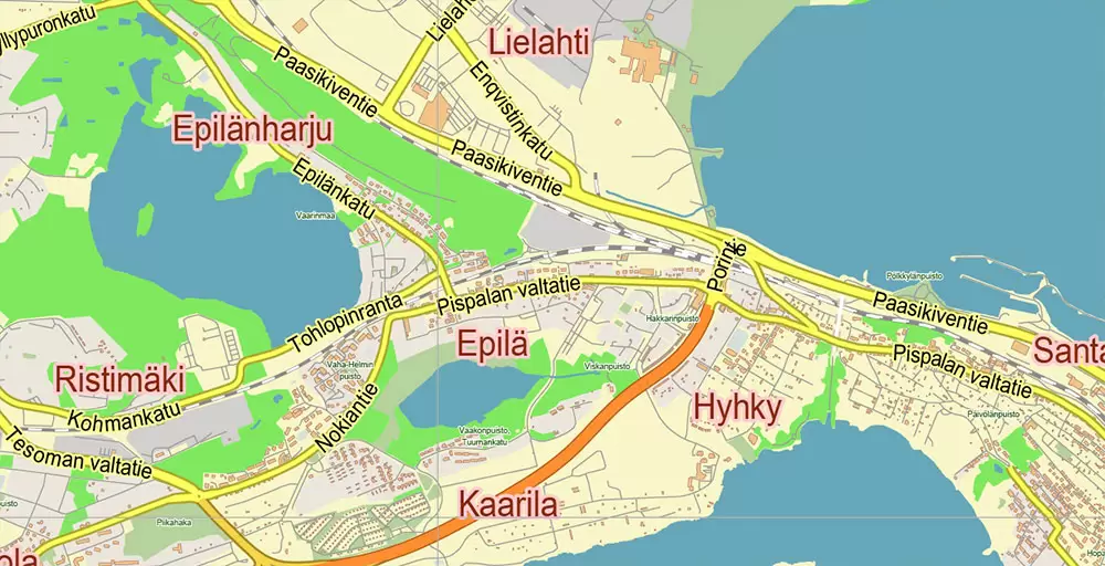 Tampere Finland PDF Vector Map Exact City Plan LOW Detailed (for small print size) Street Map editable Adobe PDF in layers