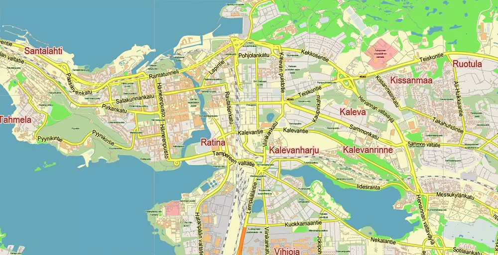 Tampere Finland PDF Vector Map Exact City Plan LOW Detailed (for small print size) Street Map editable Adobe PDF in layers