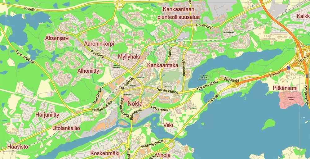 Tampere Finland PDF Vector Map Exact City Plan LOW Detailed (for small print size) Street Map editable Adobe PDF in layers