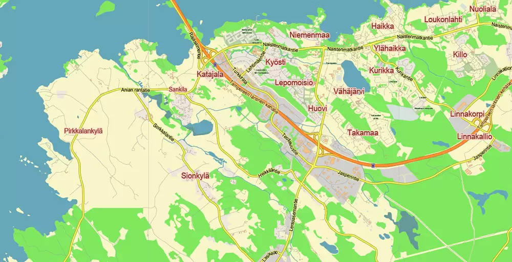 Tampere Finland PDF Vector Map Exact City Plan LOW Detailed (for small print size) Street Map editable Adobe PDF in layers