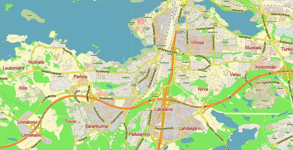 Tampere Finland PDF Vector Map Exact City Plan LOW Detailed (for small print size) Street Map editable Adobe PDF in layers