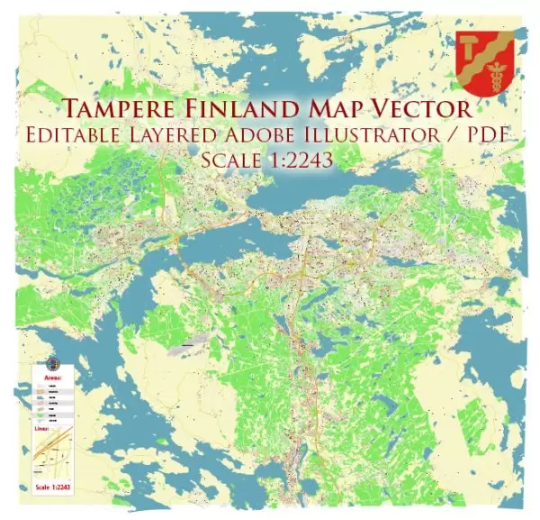 Tampere Finland Map Vector Exact City Plan High Detailed Street Map editable Adobe Illustrator in layers