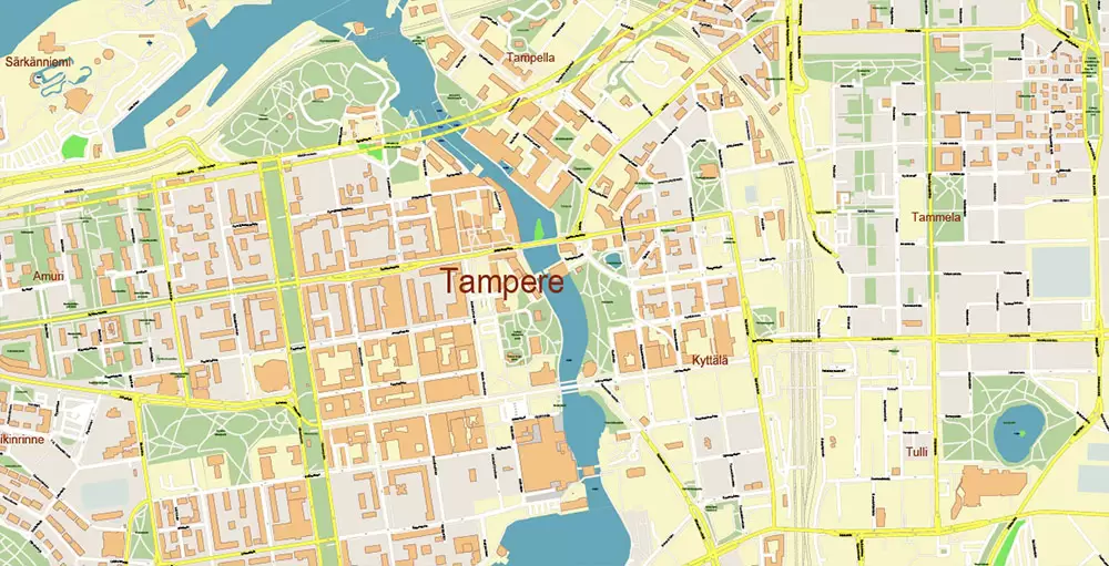 Tampere Finland PDF Vector Map Exact City Plan High Detailed Street Map editable Adobe PDF in layers