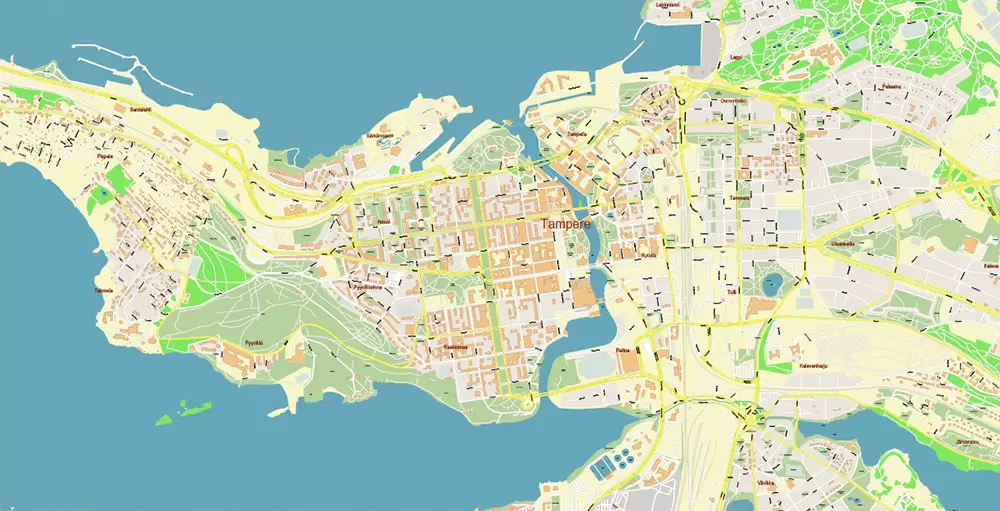 Tampere Finland PDF Vector Map Exact City Plan High Detailed Street Map editable Adobe PDF in layers