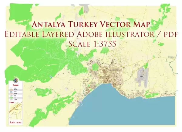 Antalya Turkey Map Vector Accurate High Detailed City Plan editable Adobe Illustrator Street Map in layers