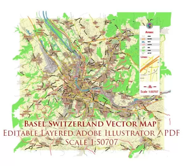 Basel Switzerland Map Vector City Plan Low Detailed (for small print size) Street Map editable Adobe Illustrator in layers
