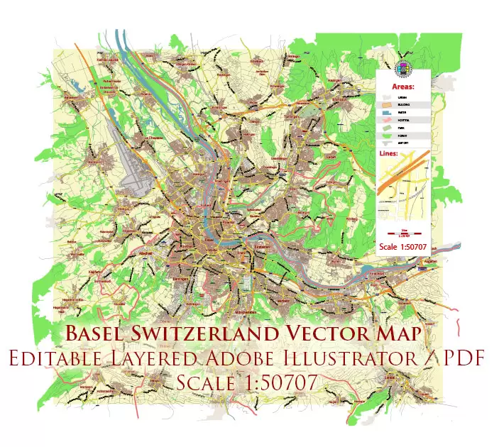 Basel Switzerland Map Vector City Plan Low Detailed (for small print size) Street Map editable Adobe Illustrator in layers