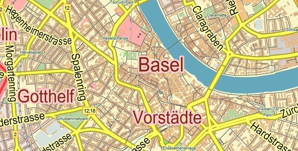 Basel Switzerland Map Vector City Plan Low Detailed (for small print size) Street Map editable Adobe Illustrator in layers