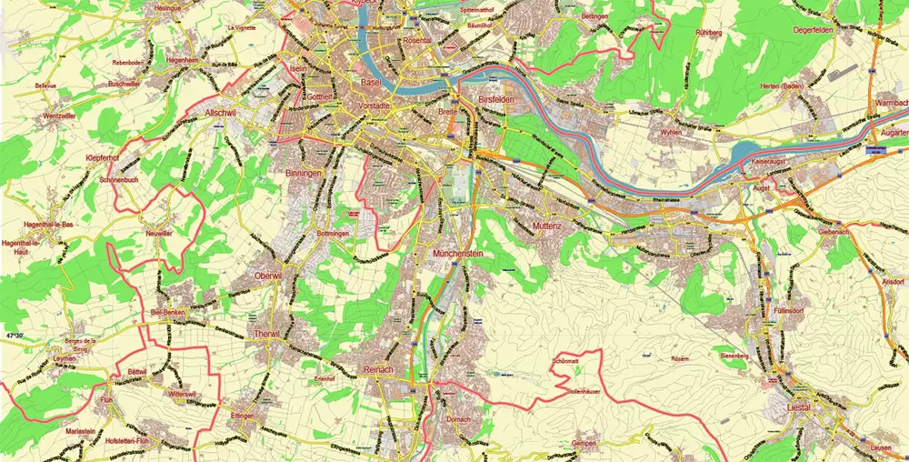 Basel Switzerland Map Vector City Plan Low Detailed (for small print size) Street Map editable Adobe Illustrator in layers