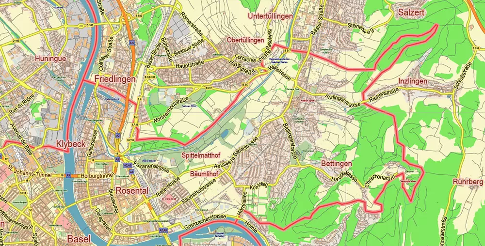 Basel Switzerland Map Vector City Plan Low Detailed (for small print size) Street Map editable Adobe Illustrator in layers