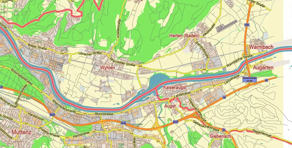 Basel Switzerland Map Vector City Plan Low Detailed (for small print size) Street Map editable Adobe Illustrator in layers